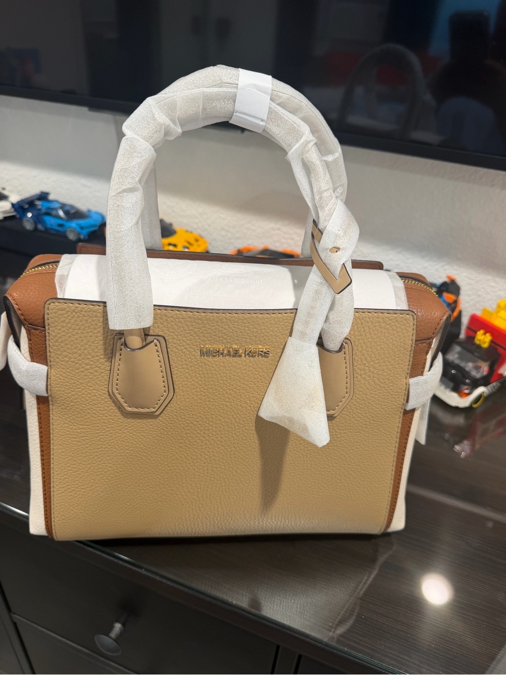 Michael Kors Beige, Brown & White Leather Satchel